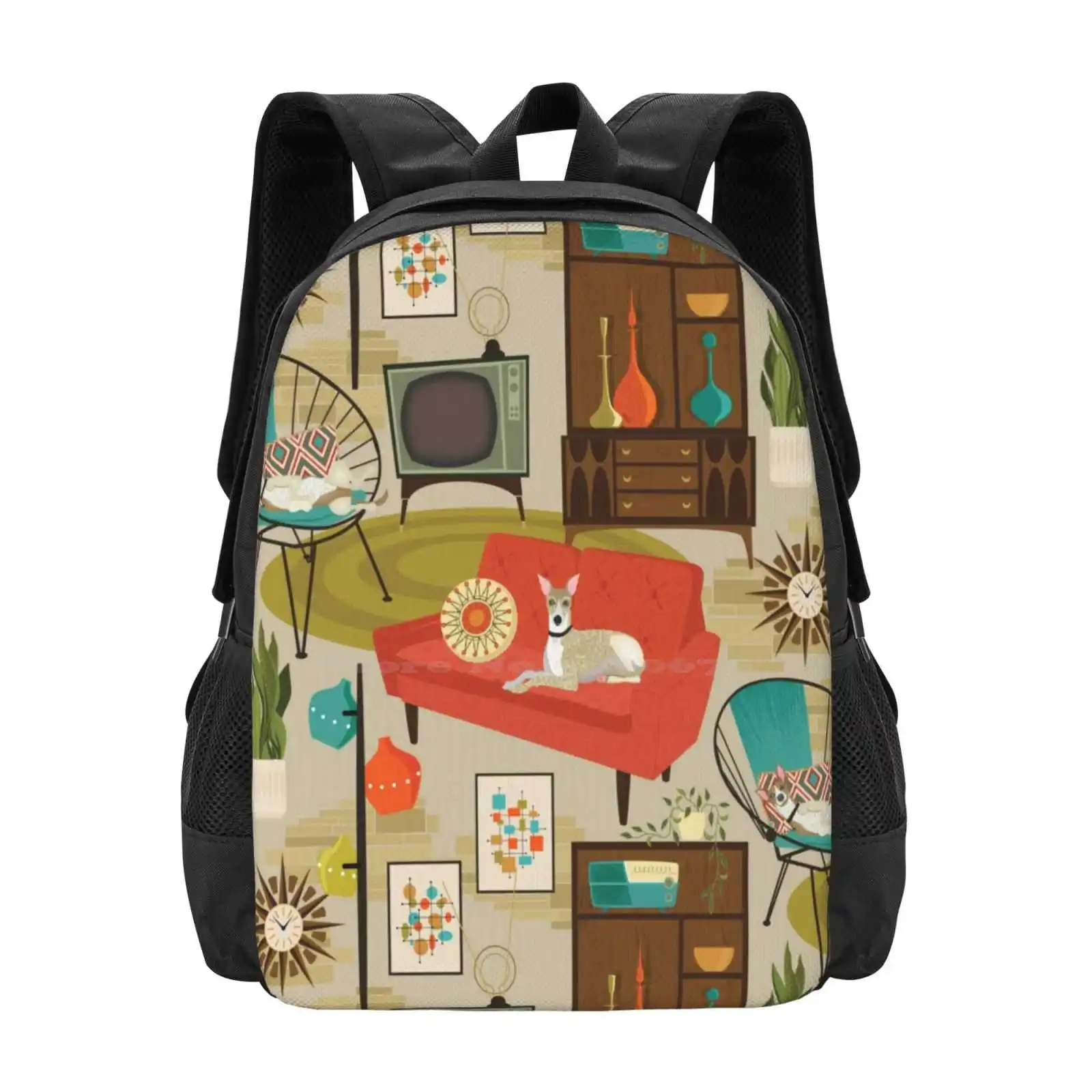 Rec Room Madness School Bag Big Capacity Backpack Laptop 1960S Retro Vintage Mid Century Dogs Whippets Blenko