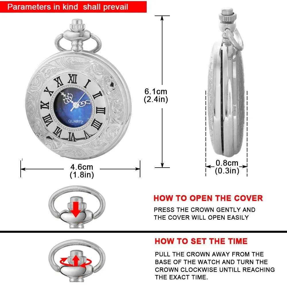 Steampunk Pocket Watch Hollow Blue Starry Design Roman Numerals Vintage Quartz Pocket Watches for Men with Chain Jewelry Gift