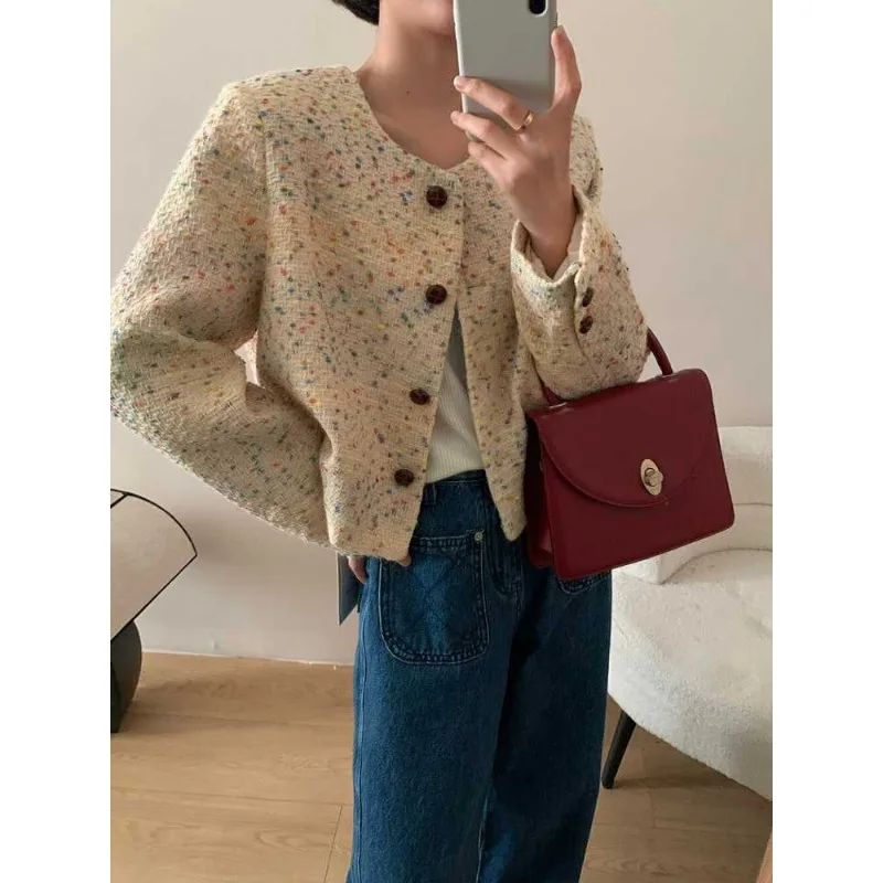 Retro Temperament Colorful Small Fragrant Jacket Women's Autumn High Sense Loose Foreign Versatile Short Tweed Top