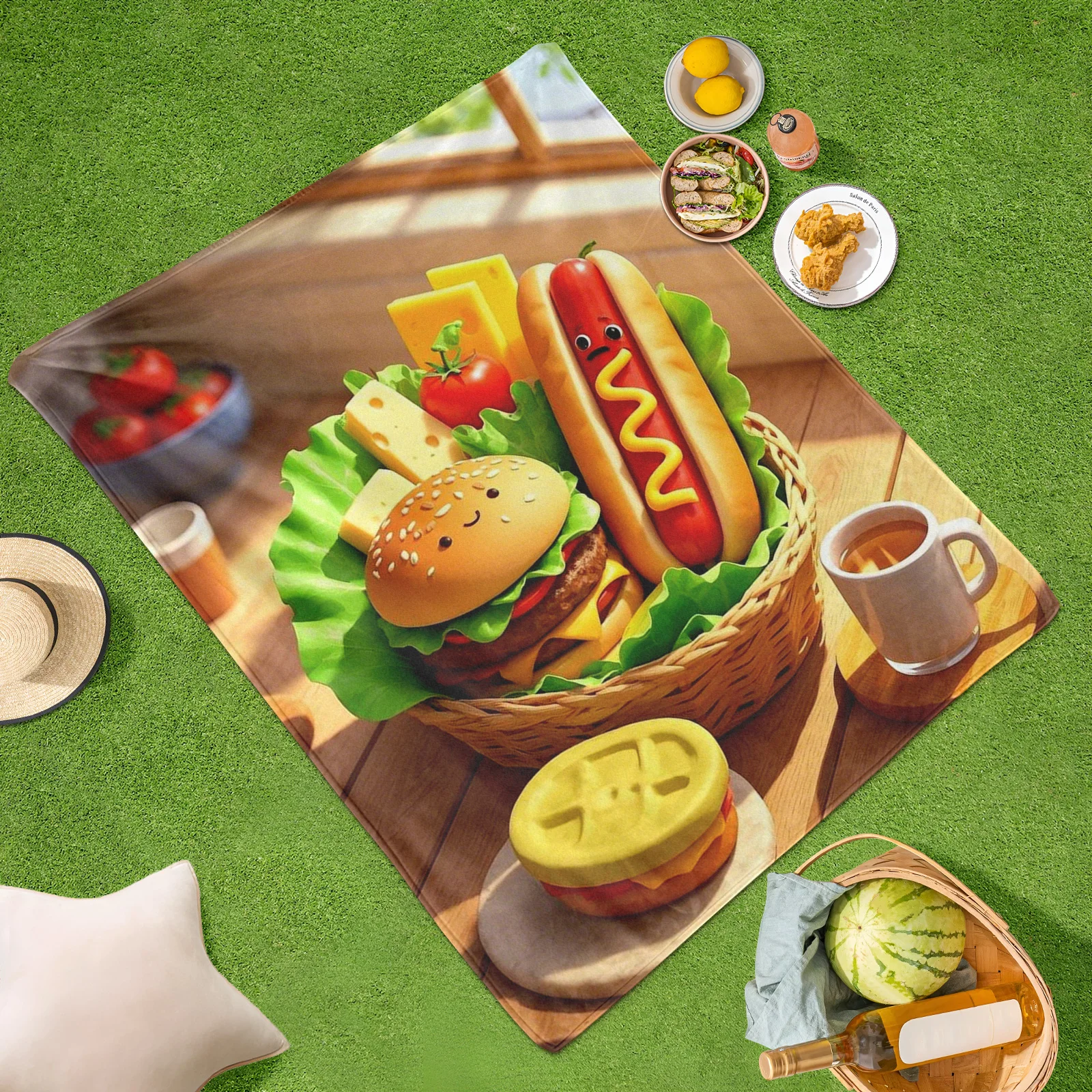 Cartoon Burger Hot Dog Basket Outdoor Blanket For Picnic Camping Adventure Warm Durable Design