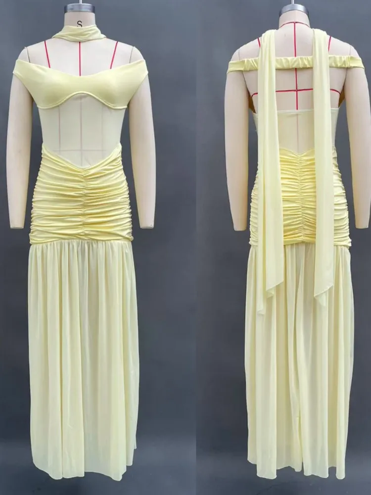 Robe à épaules dénudées pour femmes, tendance d'automne, manches courtes, couleur unie, robes Sexy élégantes, soirée, slim, extensible, Maxi, moulante