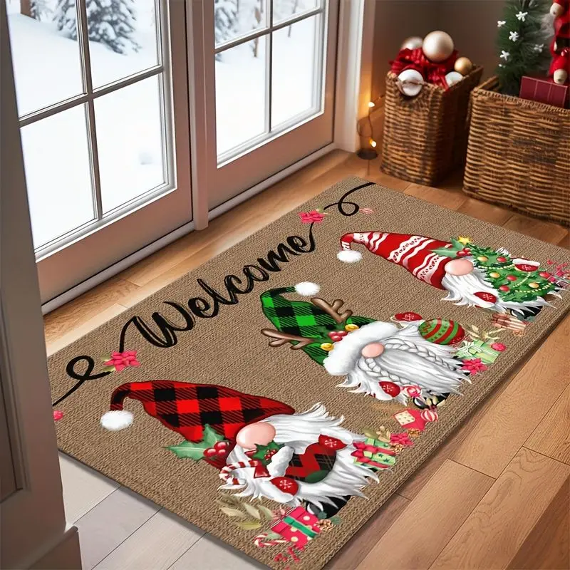 VIKAMA Christmas Welcome Mat Plaid Gnome Tomte Buffalo Check Holiday Decor Front Door Mat Non Slip Rug Christmas Holiday Decor