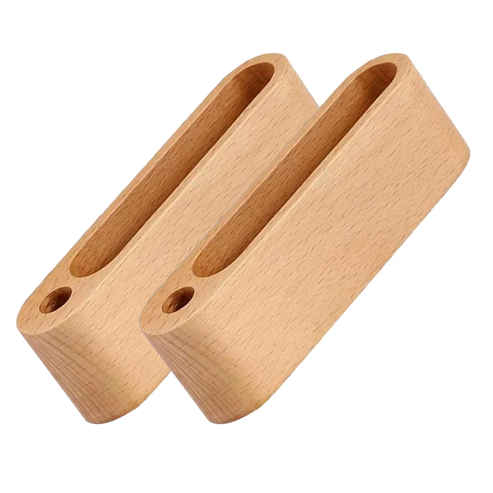 

2 Pcs Business Card Holder Solid Wood with Pen Hole Display Bracket Beige Case Office