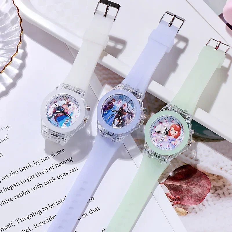 Disney Frozen Princess Sophia Pattern reloj para niños, gel de sílice, gelatina luminosa, dibujos animados LED, juguete para niñas