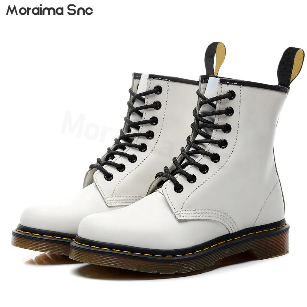 

White Round-Toe Low-Heeled Motorcycle Boots for Couples Genuine Leather Lace-Up Short Boots Trendy Boots for Men and Women