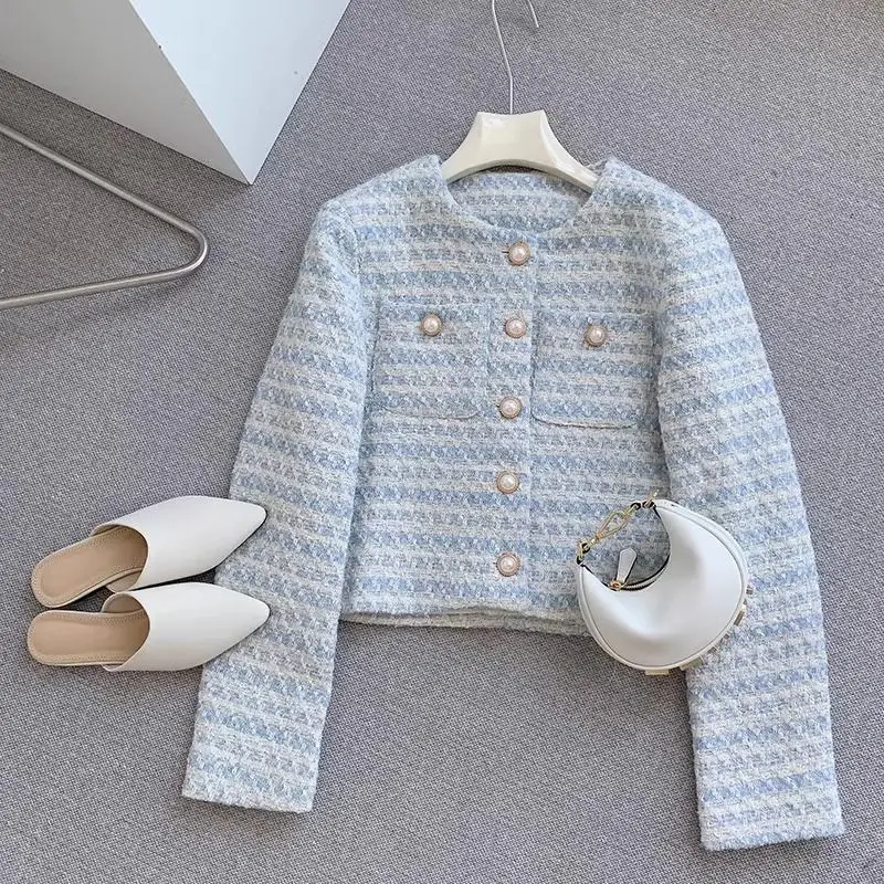 

Осень-зима, новое женское короткое верхнее пальто, женская модная куртка с длинными рукавами в стиле ретро, ароматная ветровая женская верхняя одежда с круглым вырезом и жемчугом