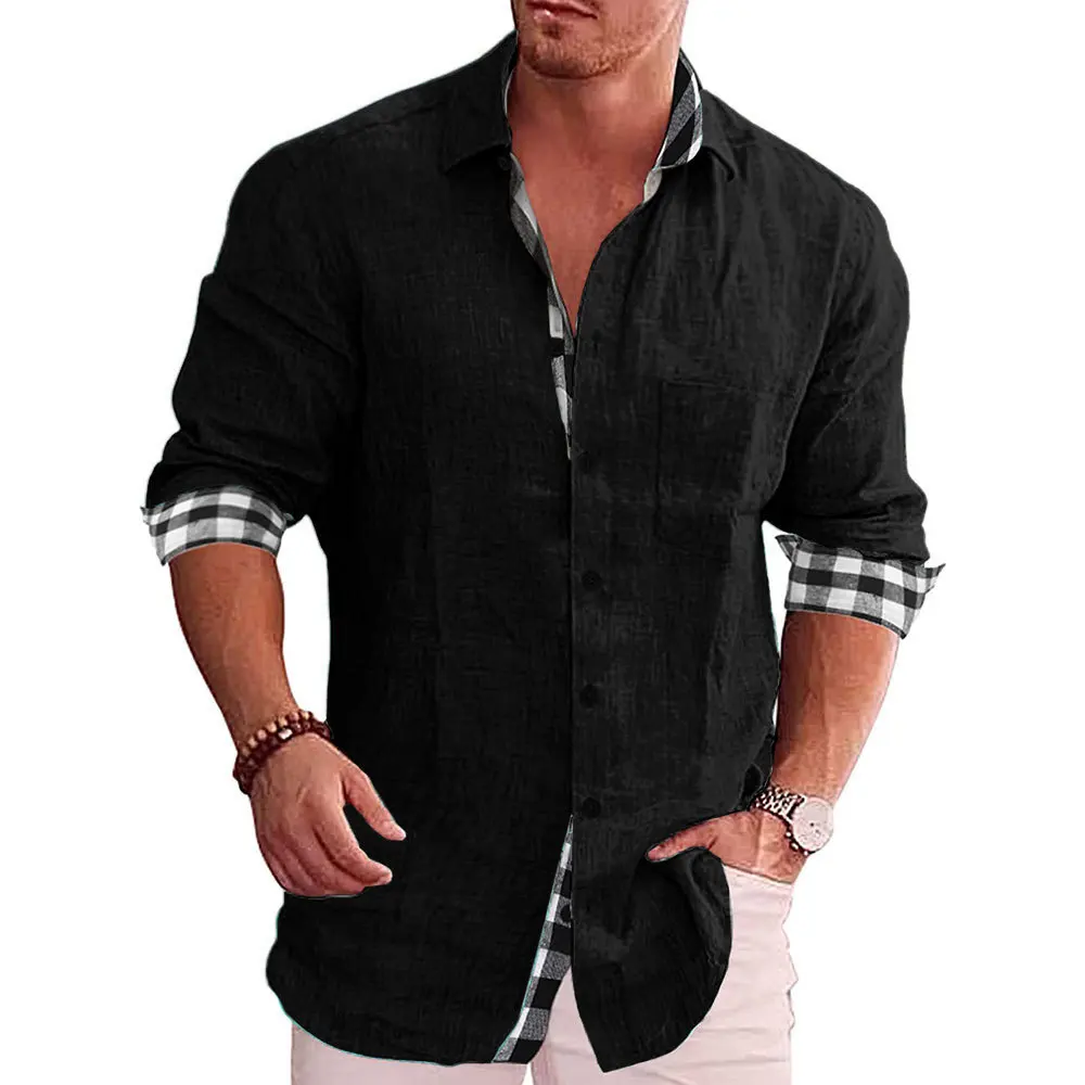 Men's Long Sleeve Linen Shirt with Contrast Plaid Inner Collar and Cuffs, Casual Button Down Top for Daily Wear