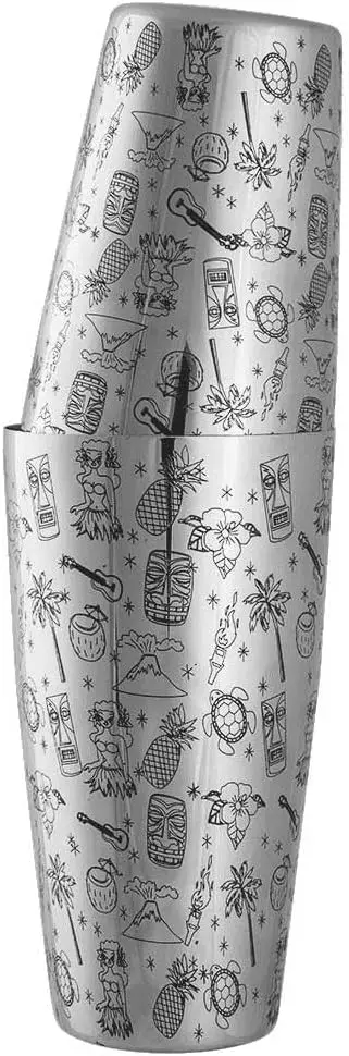 Tiki Tin on Tin Cocktail Shaker - Japanese Steel 30oz Cocktail Shaker with Etched Pattern and Food Safe Ink