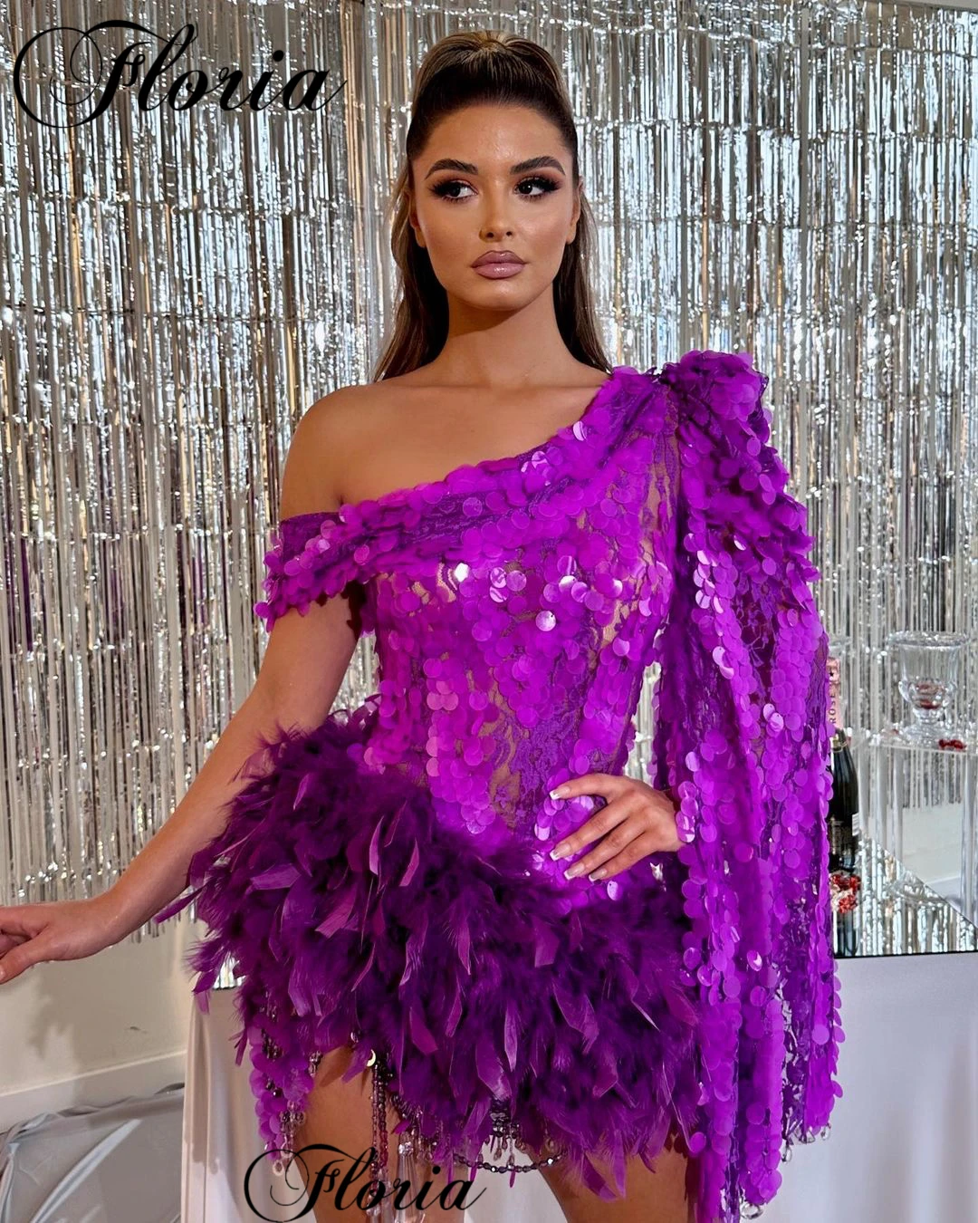 

High Fashion Purple Sequined Cocktail Dresses Mini Mermaid Sexy Prom Party Dresses One Shoulder Pageant Gowns Vestidos De Cóctel