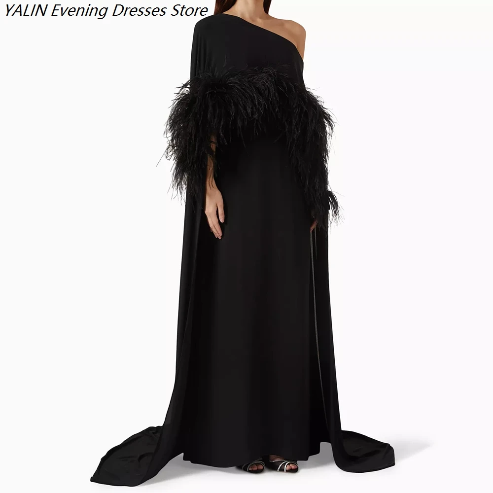 Women's Mermaid Evening Dresses Floor-length One-shoulder Sleeveless Prom Dresses Fashion Feathers Stole Draped Customized Gowns