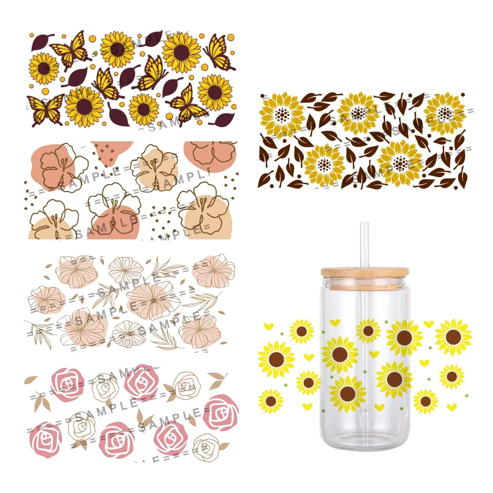 Colorful Small Flowers Pattern UV DTF Wraps Transfer Sticker DIY For 16oz Libbey Glass Cup Waterproof Wrap Transfers Decals Cup