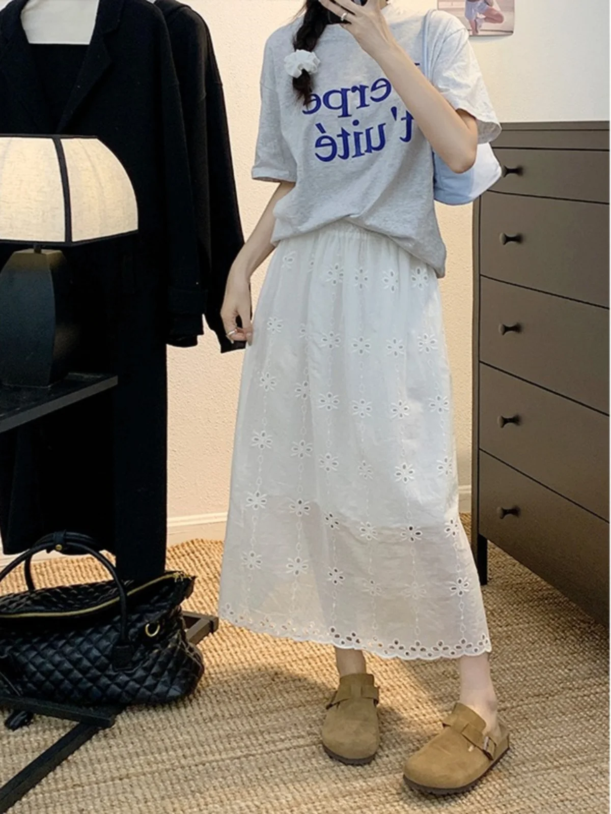 

plus Size Women's White High Waist Embroidered Hollow out Skirt Spring New Sle Commute Korean Sle Midi Skirt