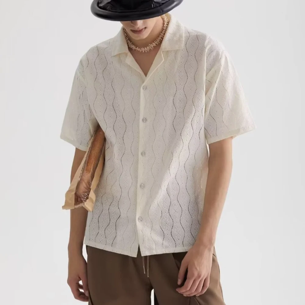 

Sensible Tweed Style Top Mens Summer Hollow Design Short Sleeve Knitted Shirt Apricot Fashion Wear Suitable for Summer