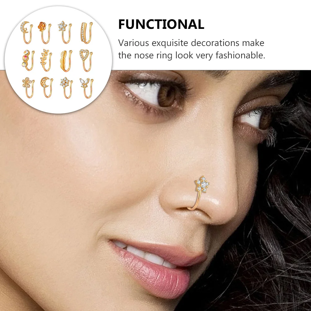 12pcs Zircon No Piercing Fake Ring For Women Party Ring Dance Nose Rings Performance Accessory Nose Decor
