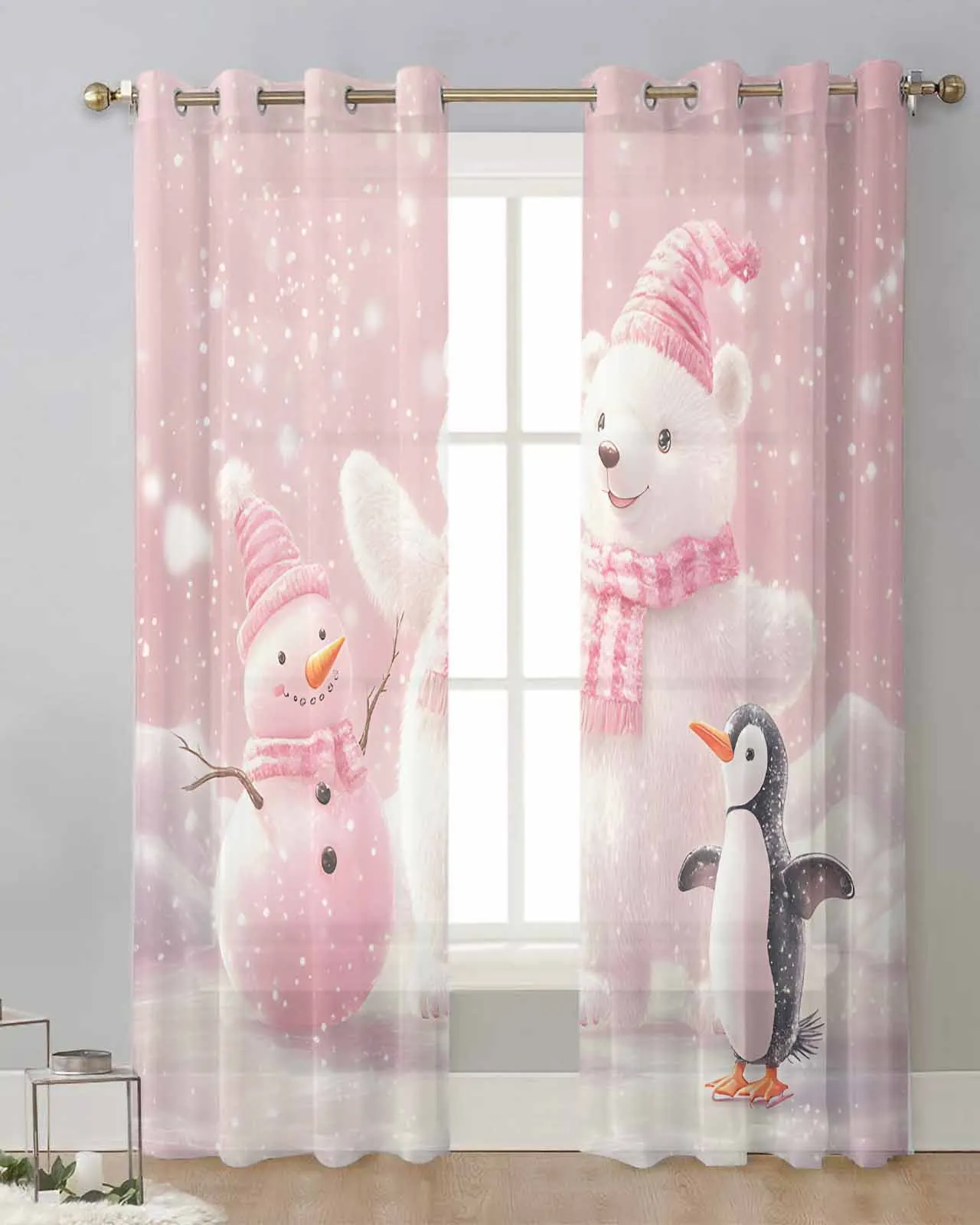 Christmas Pink White Bear Penguin Curtain Tulle Curtains For Living Room Kitchen Window Treatments Voile Curtains