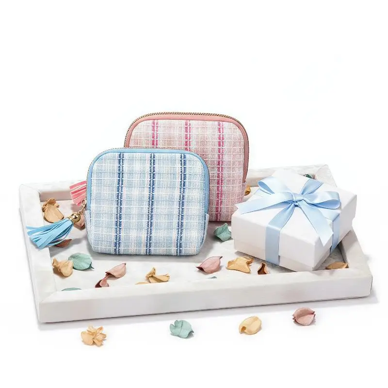 Tweed Small Cosmetic Bag With Tassel Zipper Soft Lining Perfect For Storing Lipstick Jewelry Coins Travel Daily Use