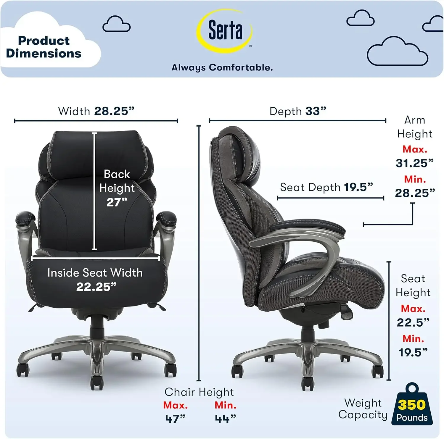 Big and Tall Executive Office Chair with AIR Technology and Smart Layers Premium Elite Foam, Supports up to 350 Pounds