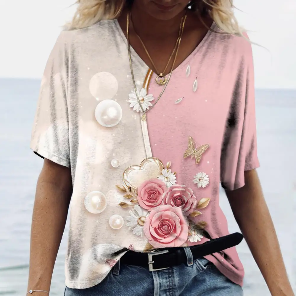 Women V Neck Short Sleeve T-shirt 3D Floral Butterfly Heart Print Gradient Loose Casual Summer Ladies Fashion Graphic Tee