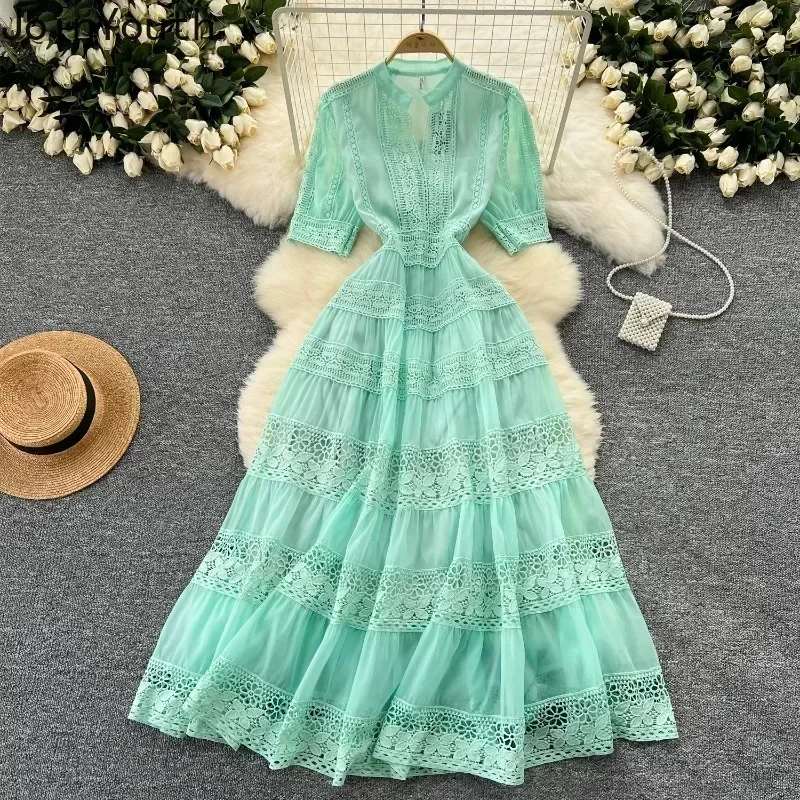 Summer Dresses for Women Slim Waist Short Sleeve Vintage Robe Femme Patchwork Lace Hollow Out Maxi Dress 2024 Vestidos De Mujer