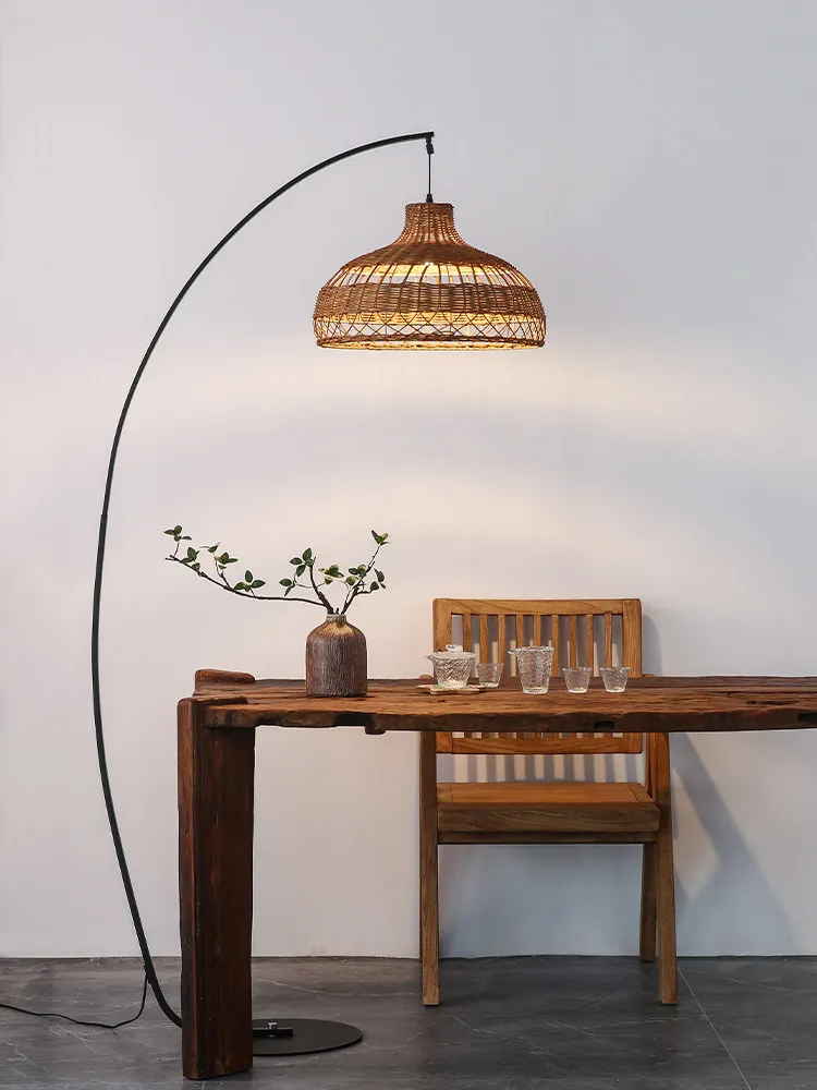 

Bamboo Woven Floor Lamp Fishing Lamp Antique Style Retro Living Room Floor Lamp Sofa Side Stand Lights Room Decoration Light LED