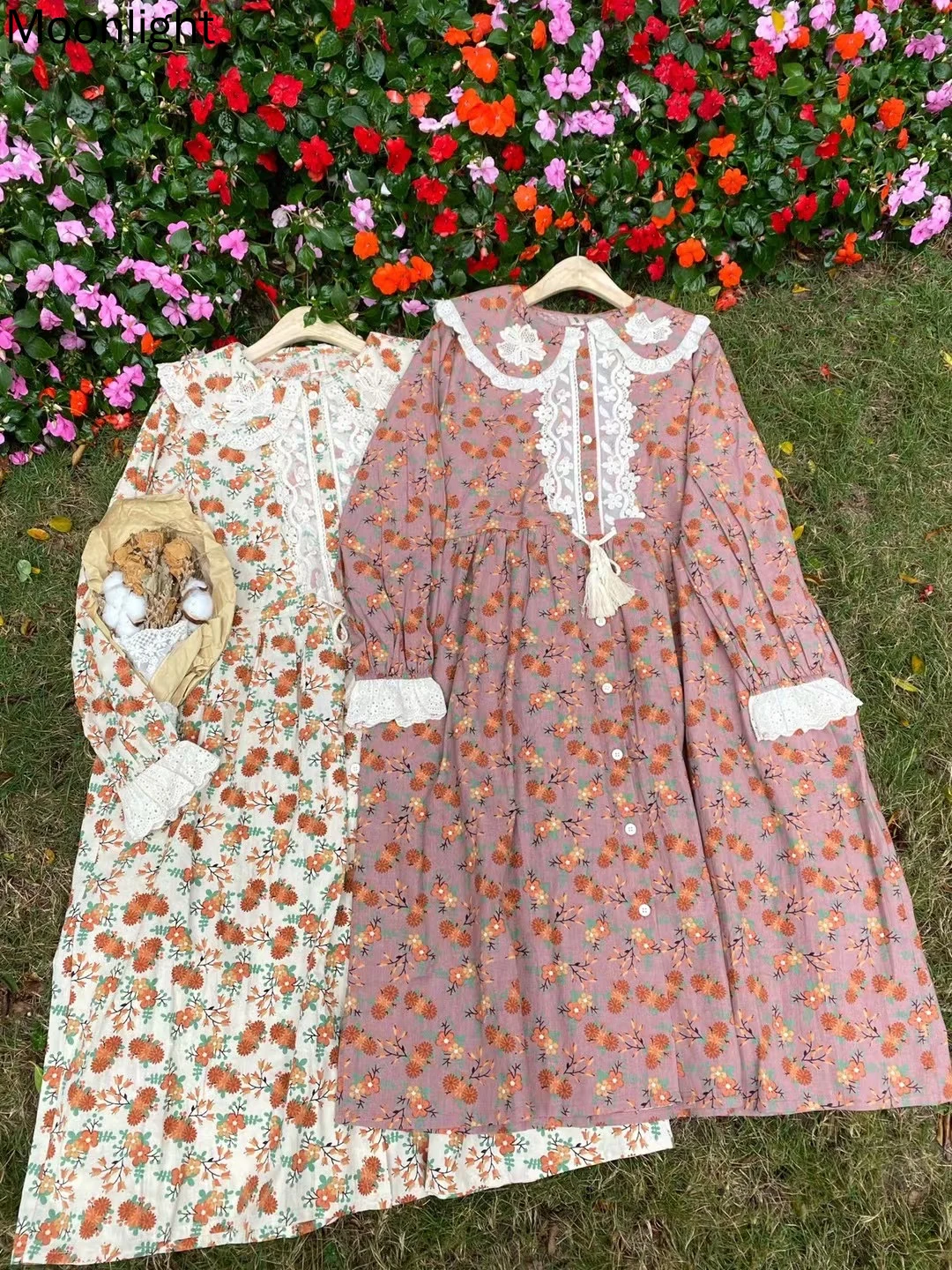 

Embroidery Doll Collar Vintage Dresses Japanese Mori Girl Flower Lace Patchwork Long Sleeve Women Midi Cotton Linen Dress