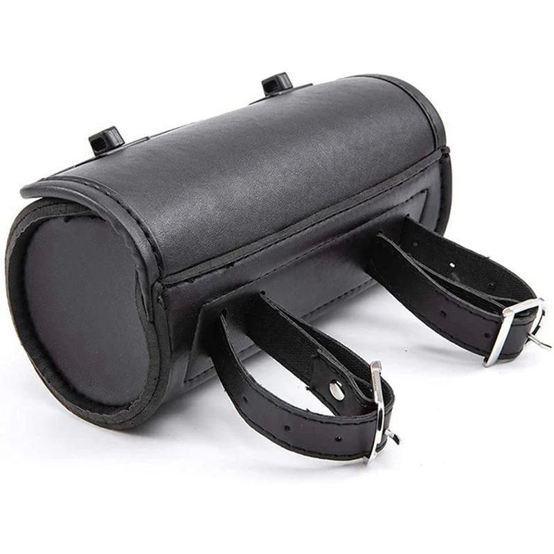 2X Motorcycle Fork Bag PU Leather Handlebar Tool Pouch Sissy Bar Roll Storage Bag Saddle Bag With 2 Straps, Universal