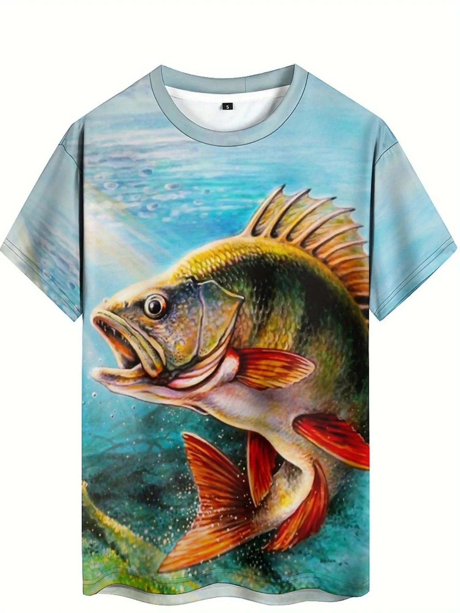 تي شيرت رجالي بطبعة سمكة ثلاثية الأبعاد - بوليستر ناعم، كم قصير، رقبة دائرية، تصميم صياد أزرق ملون