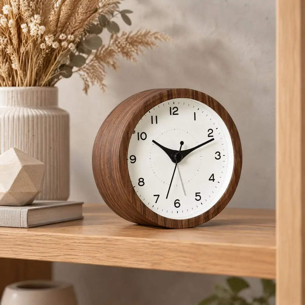 Round Alarm Clock for Bedroom, Non Ticking Silent Table Clock with Night Light, Battery Operated Analog Clock for Home Office