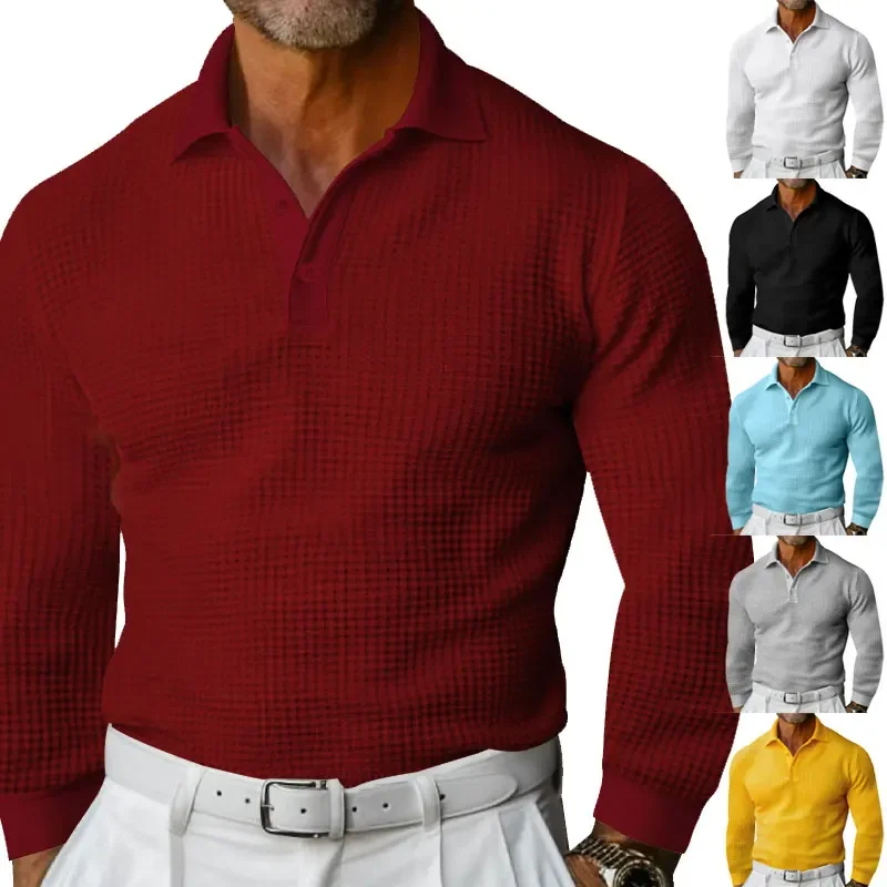 2024 New Business Casual Men\'s Polo Shirt Waffle Fabric Lapel Button Solid Color Long Sleeve Daily Simple Men\'s Clothing