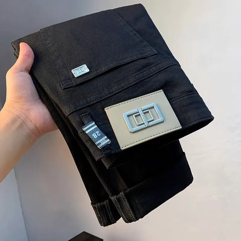 

Мужские джинсы Slim Fit из чистого хлопка, эластичные повседневные длинные брюки, весна-лето, новинка, молодежный тренд, прямой крой