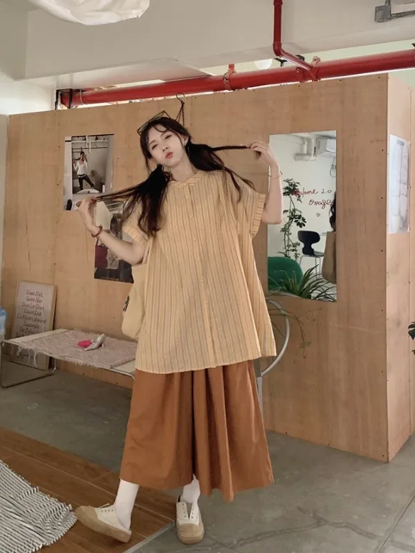 

plus Size Women's Vintage Striped Short Sleeve Loose Shirt High Waist Wide Leg Pants Two Piece Set Summer Slimming Outfit
