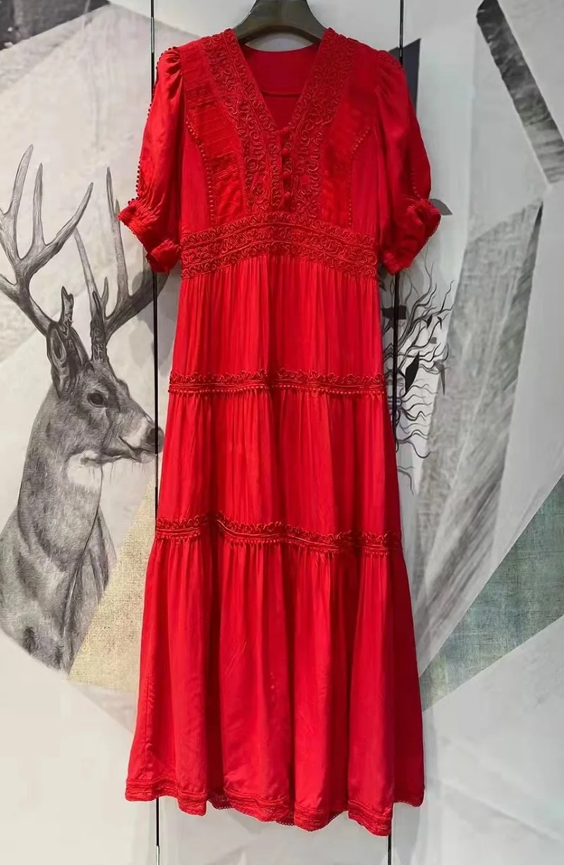 

Sexy V-Neck Long Dress 2022 Summer Fashion Women Appliques Flower Embroidery Short Sleeve Casual White Red Beach Maxi Dress XXL