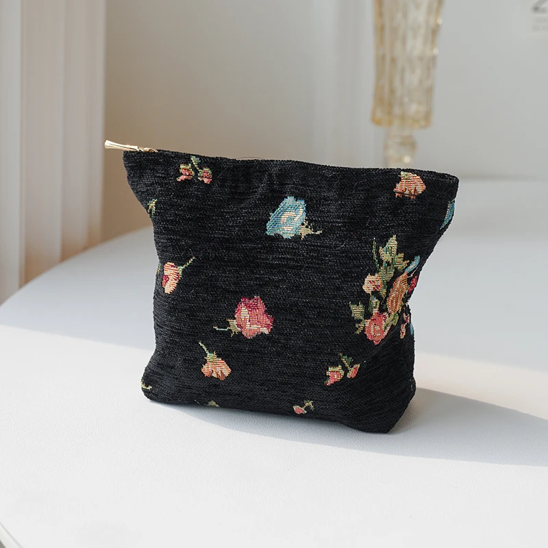 Black florets, women\'s makeup bag, small cosmetics, skin care products, storage bag, commuter coin purse, lipstick bag liner bag