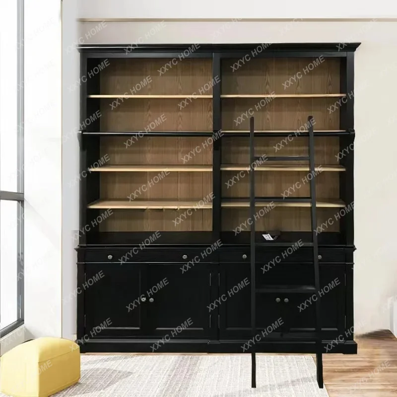XX Style Bookcase with Ladder Combination  Style Solid Wood Storage Cabinet  Retro Bookshelf Bookcase