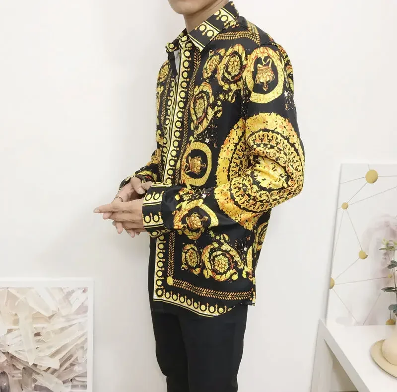 2023 New Fashion Men\'s Dress Shirts Hipster Long Sleeve Fancy Luxury Design Baroque Floral Print Wedding Party Prom Shirts