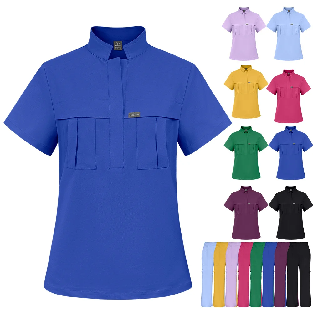 Fashionable Short Sleeve Stand Collar Casual Doctor Nurse Scrub Suit Solid Color Work Uniform Set