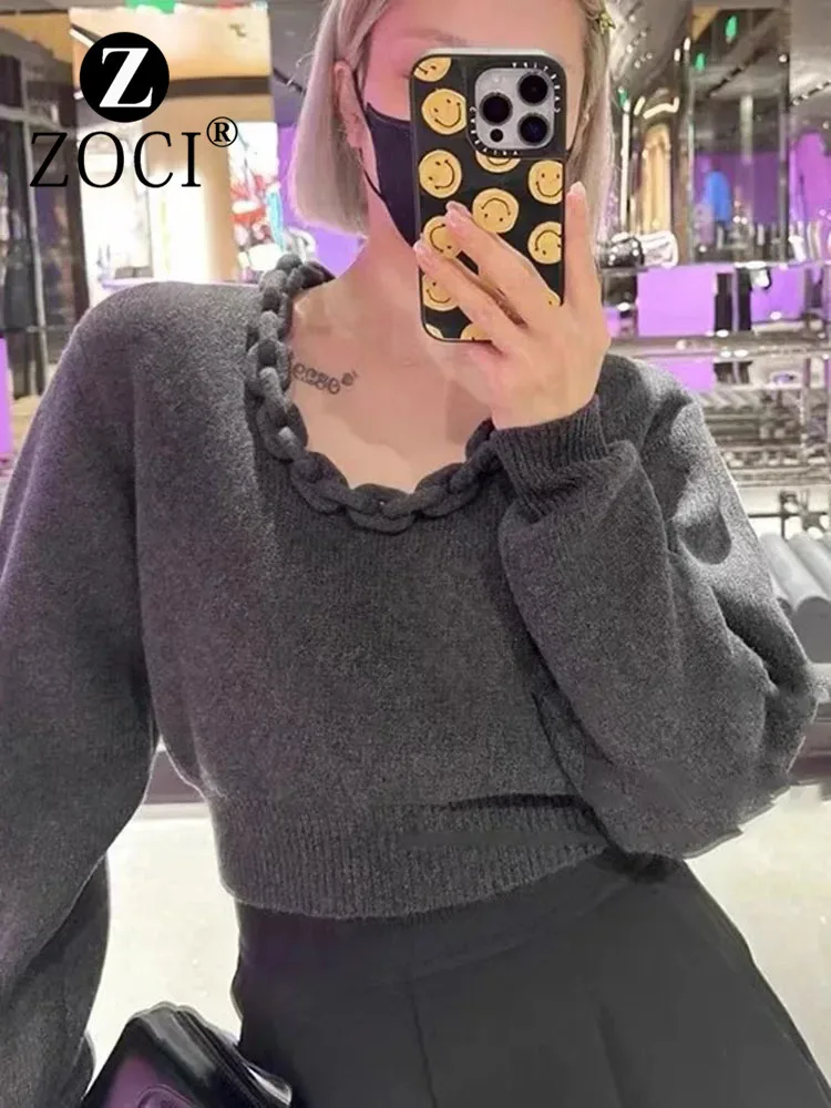 [Zoci] Wang nell'autunno inverno del 2024, il maglione Pullover allentato con scollo tondo a catena per maglieria a maniche corte