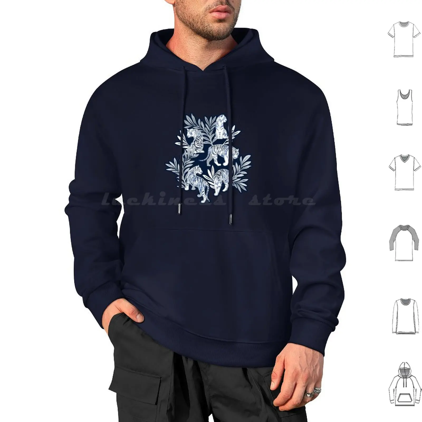 Nouveau White Tigers Navy Blue Background Metal Silver Leaves And Lines White Animals Hoodie cotton Long Sleeve Tiger