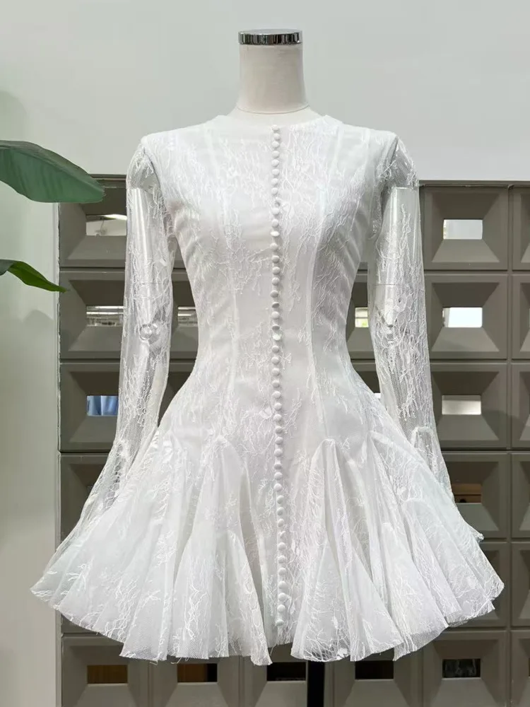 DFDG 2025 Spring Summer Women’s Lace Cutout Bodycon Dress Vintage Waist Tie Dress Trumpet Sleeve Breathable Button Party Dress