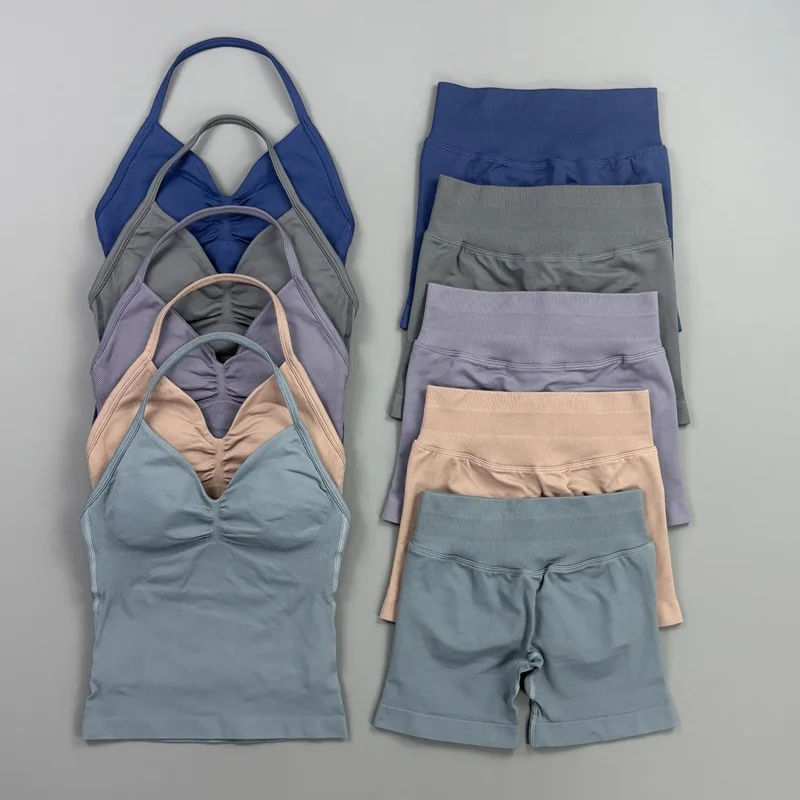2-teiliges HISTELLO Impact Set für Damen, GYM Longline Strappy Top, nahtloses Yoga-Set, Scrunch Butt Sportshorts, Workout-Fitness-Anzug – Detail 8