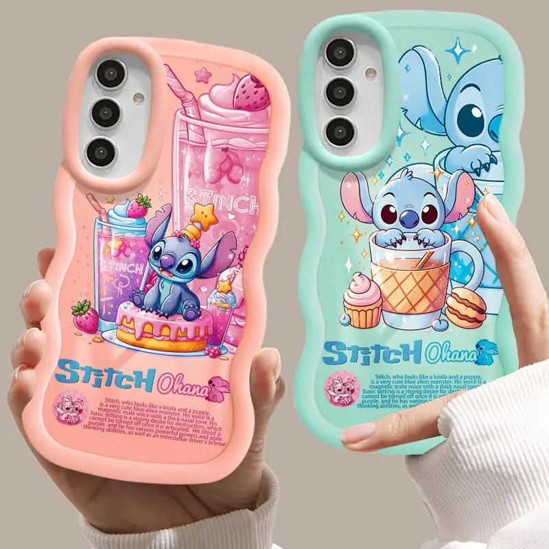 Disney Stitch Summer Drinks Macaron Waves Phone Case for Samsung S24 S23 S22 S21 FE Ultra for Galaxy A50 A05 A04 Candy Cover