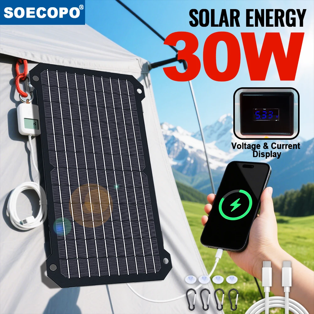 

SOECOPO 30W Portable Solar Panel - Voltage/Current Display USB/Type - C Output High Efficiency Camping/Outdoor Power Easy Carry