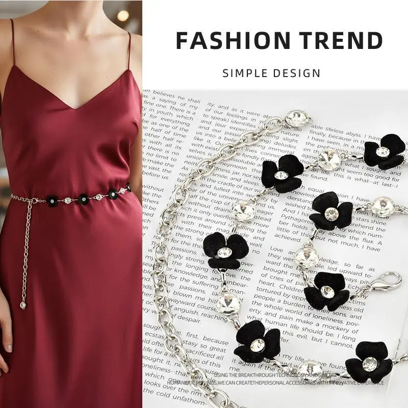

Rhinestone Belt for Women Elegant Metal Waist Jewelry with Velvet Floral & Crystal Accents Minimalist Designer Belts Trendy