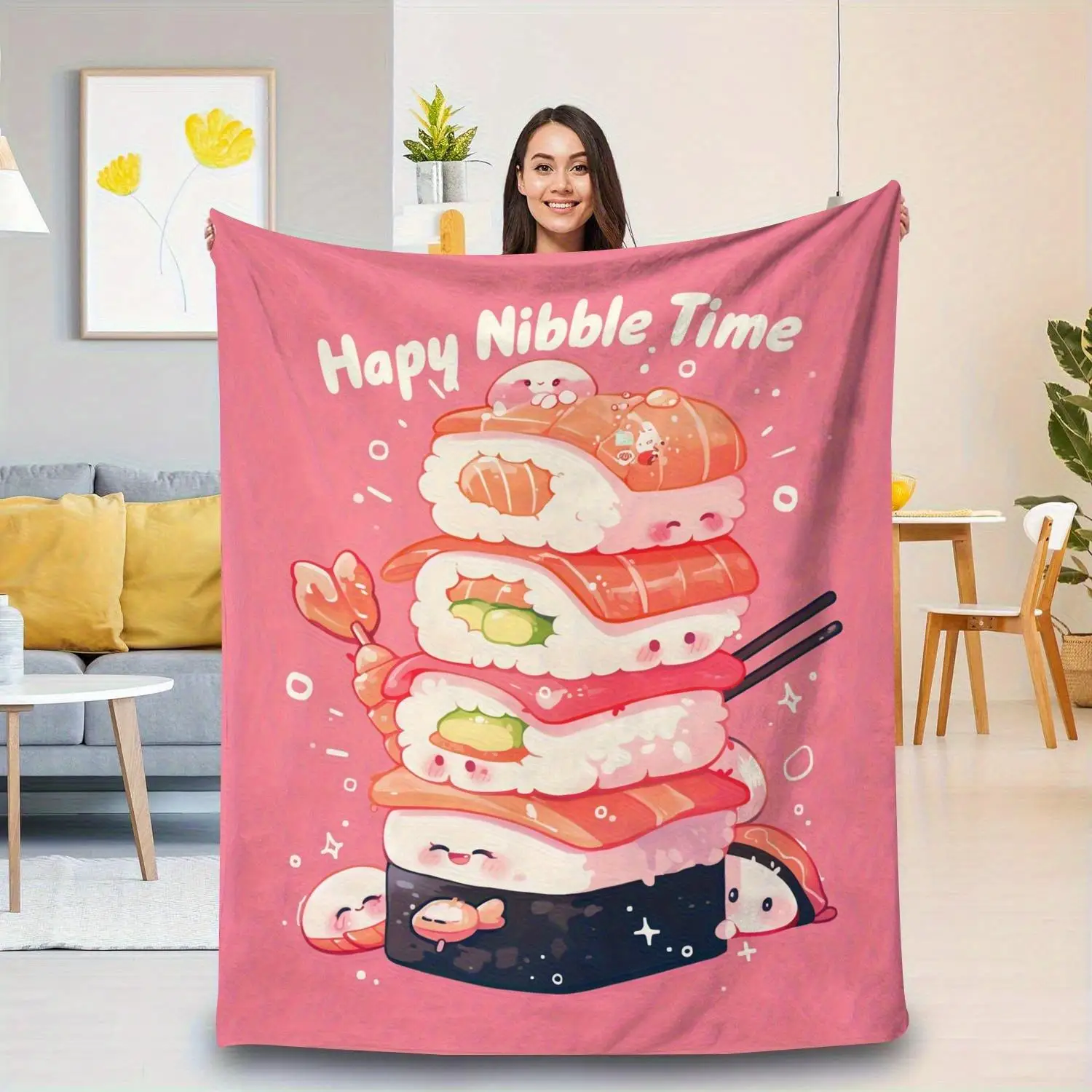 

1pc Cute Mouse and Delicious Sushi Pie Pattern Blanket - Polyester Fabric, Machine Washable, Great for Home Decor