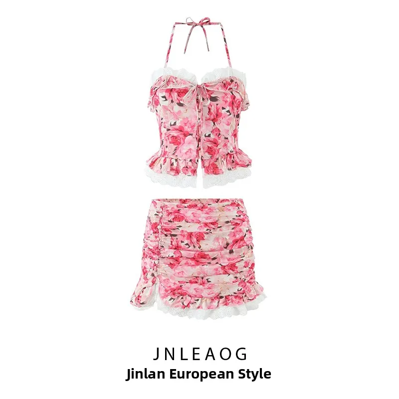

JNLEAOG Осенний новый женский модный комплект с цветочным принтом ter Ne Топ с рюшами и подолом f Юбка Европейский Sle ort Sve