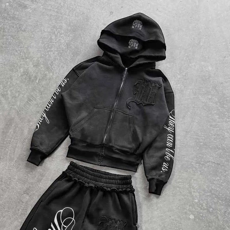 Ensemble de survêtement à broderie en détresse gris, Y2K Streetwear surdimensionné à capuche et pantalon pour femmes, tenue décontractée énervé en deux pièces