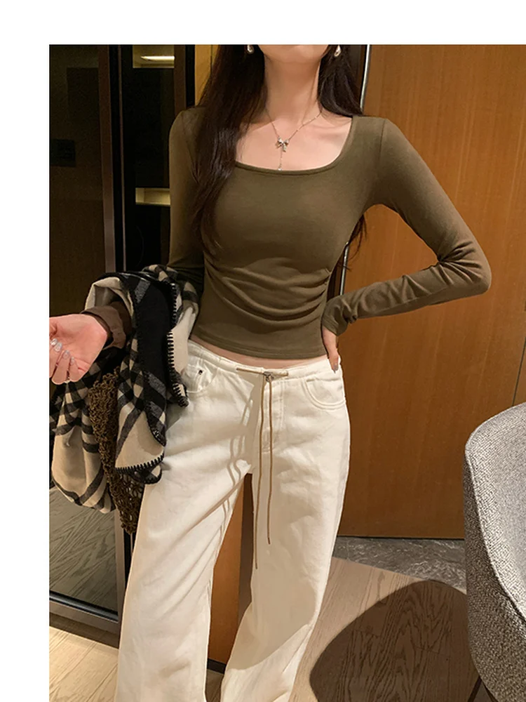 レディース ロングスリーブ Tシャツ 韓国風 ウエストシェイプ スクエアカラー プリーツベース おしゃれ ユニーク 美しいトップス