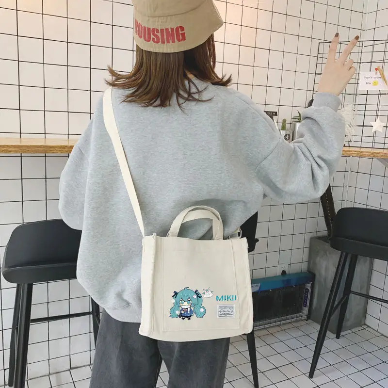 

Cute Cartoon Hatsune Miku Corduroy Tote Bags Large Capacity Zippered Shoulder Book Bag for School, Anime Cosplay & Daily Use
