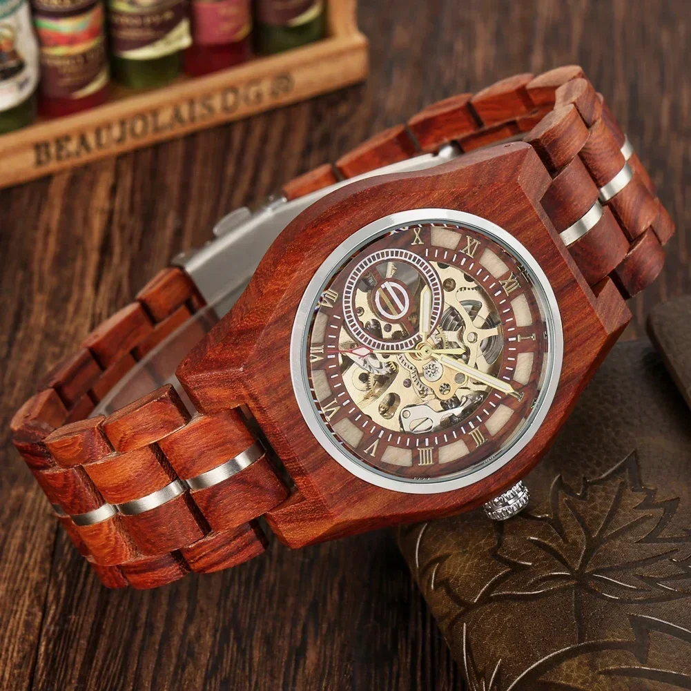 Stylish Retro Wooden Automatic Mechanical Men Watches Roman Numerals Display Stainless Steel Skeleton Self Winding Wristwatches