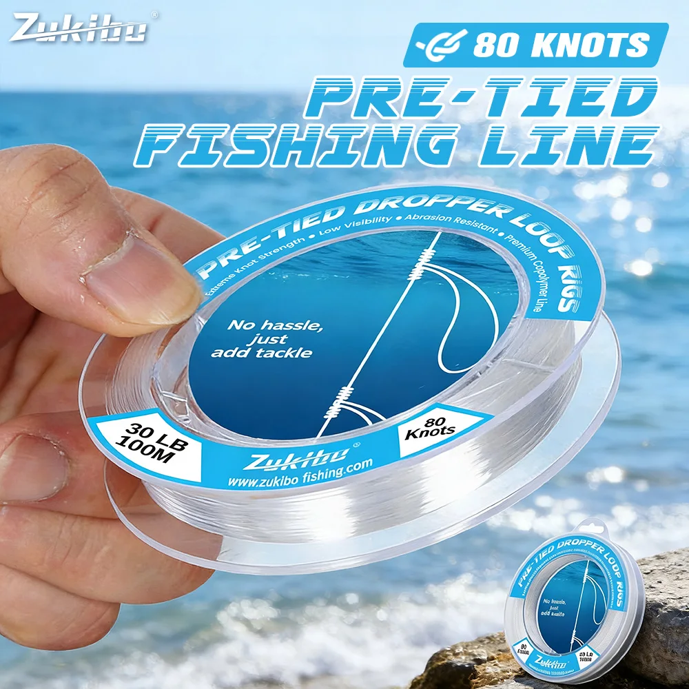 ZUKIBO Ligne de pêche pré-nouée avec nœuds en boucle, 100 nœuds, monofilament, pour la pêche au bar et au snapper